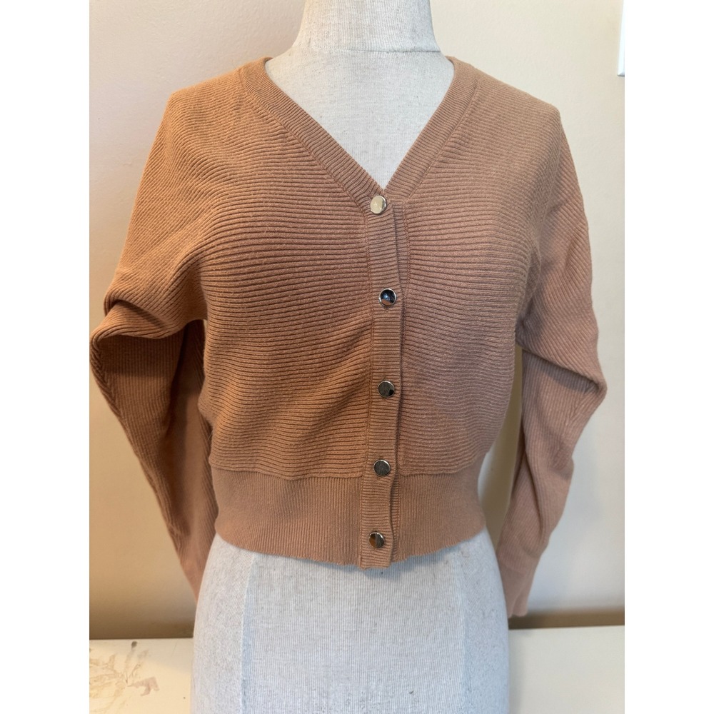 Philosophy Republic Clothing Tan Ribbed Cropped Cardigan Sweater XS V-Neck Brown